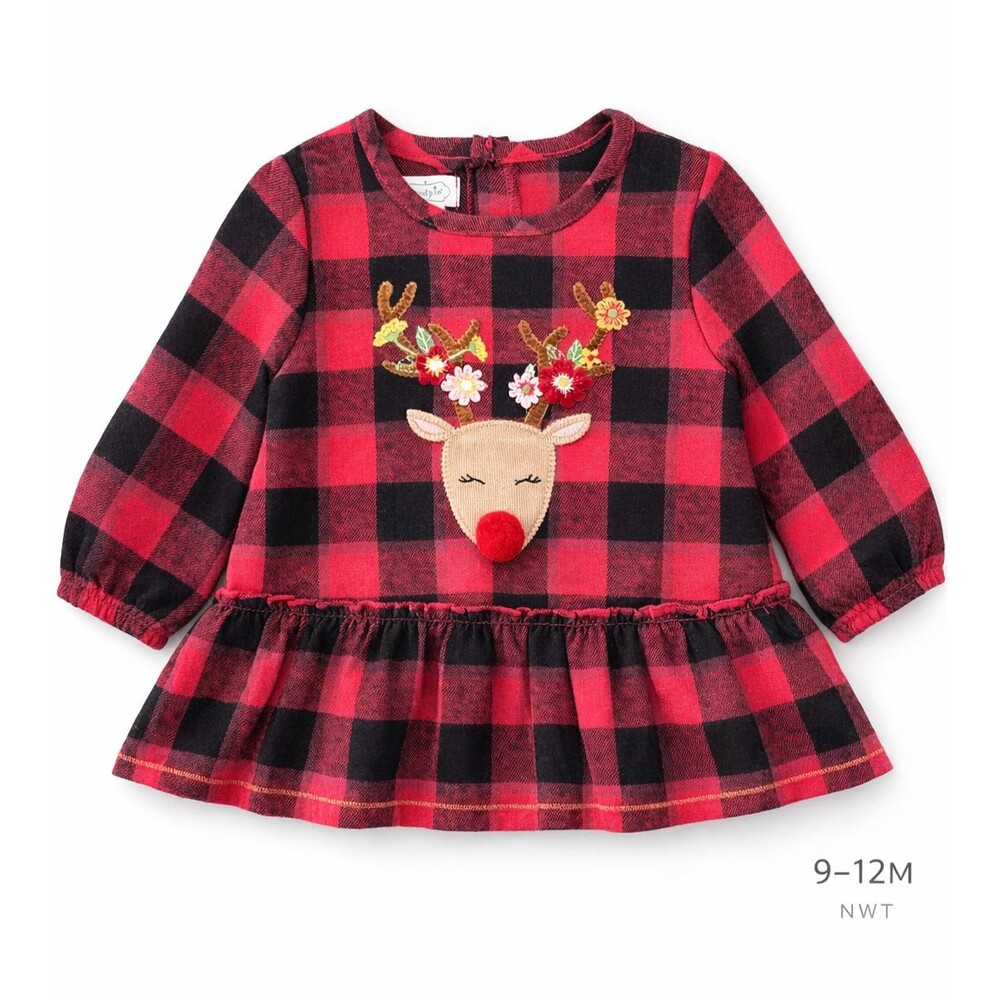 Mud Pie Baby Reindeer Tunic Buffalo Plaid Red Black 9-12M NWT